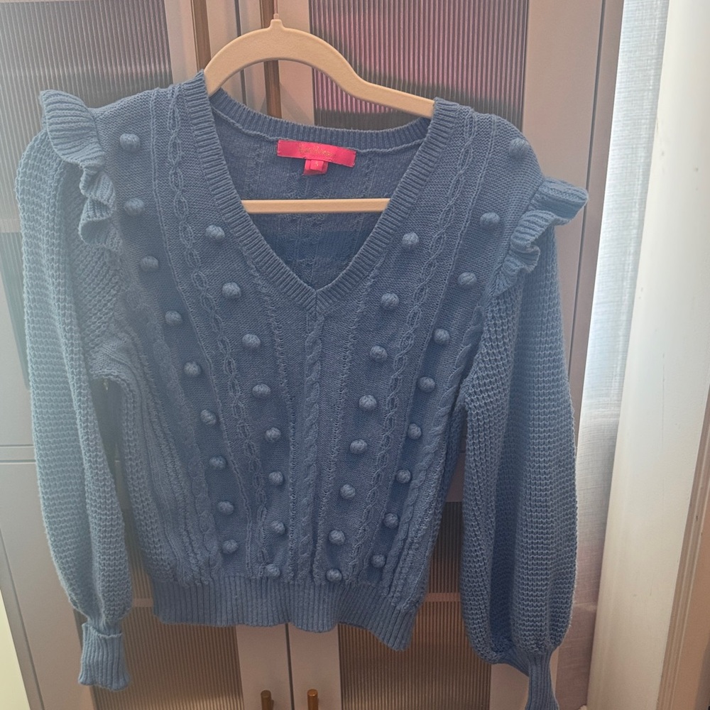 Lilly Pulitzer Blue V-Neck Sweater with Ruffles